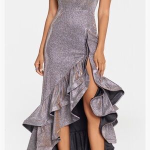 Betsy & Adam Galaxy Glitter Ruffle High Low Cocktail Dress